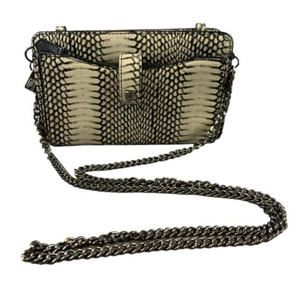 Antonio Melani Leather Crossbody Clutch Snake Print Shoulder Strap Chain Black T